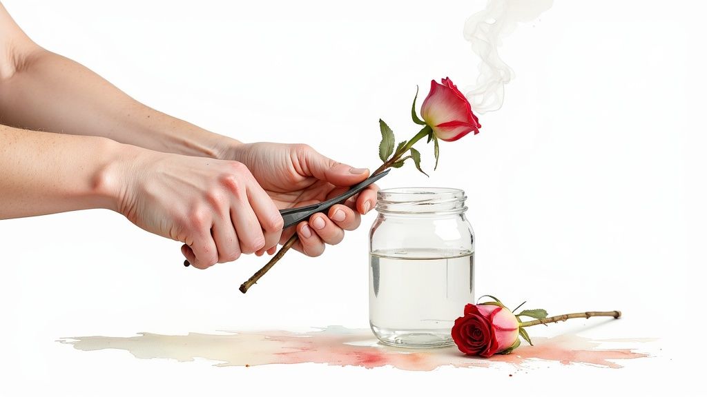 Hands hold a red and white rose with tweezers, smoke rises, next to a water jar and another rose.