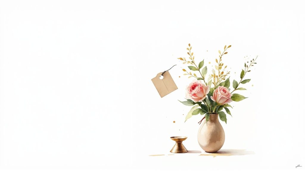 A calculator and a pen resting next to a small, elegant bouquet of flowers on a wooden desk.