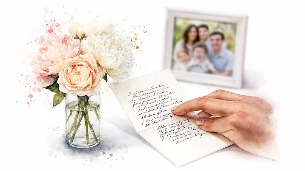 Watercolor painting of a hand reading a heartfelt letter, accompanied by delicate flowers and a family photograph.