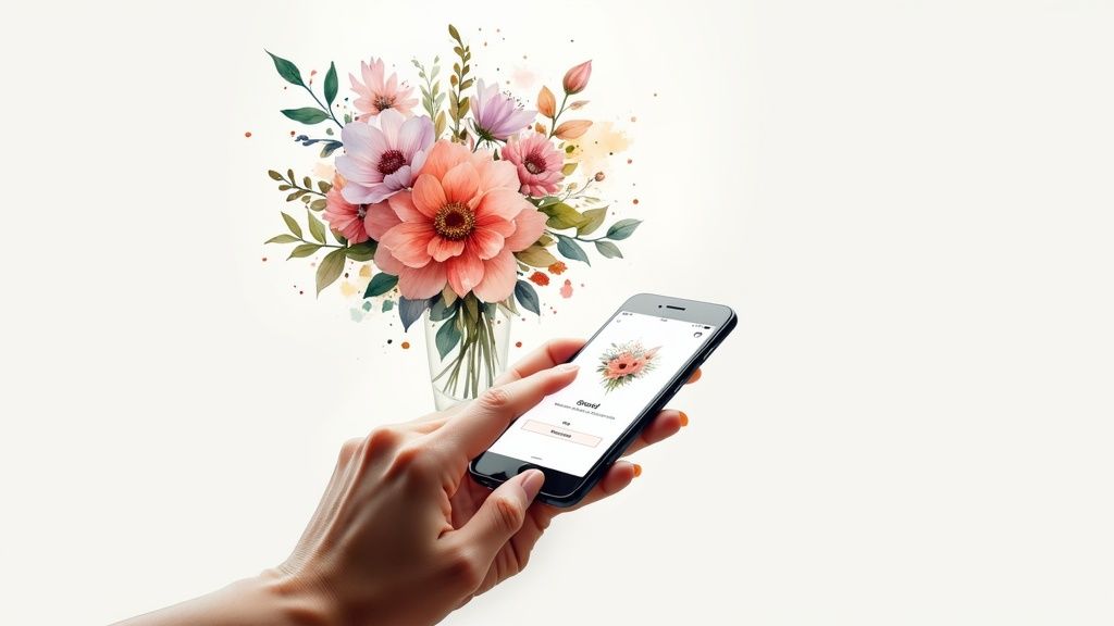 A hand holds a smartphone with a flower delivery app, featuring a vibrant watercolor bouquet.