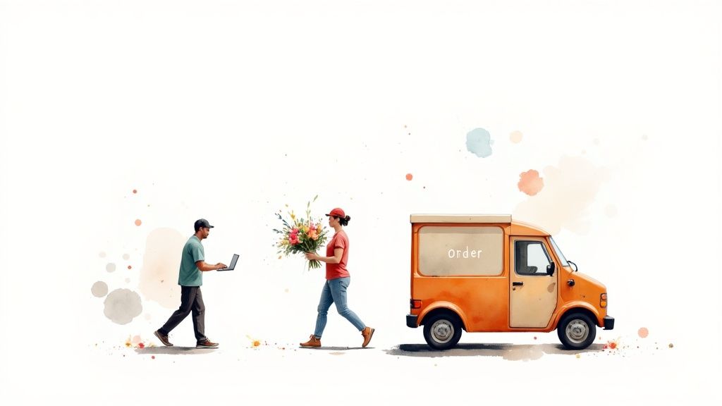 A man orders flowers on a laptop, a woman carries a bouquet, and a delivery van reads 'order', symbolizing online flower delivery.