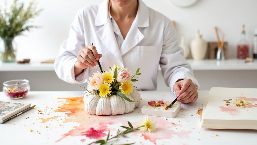 A professionally preserved wedding bouquet displayed artistically in a shadow box.