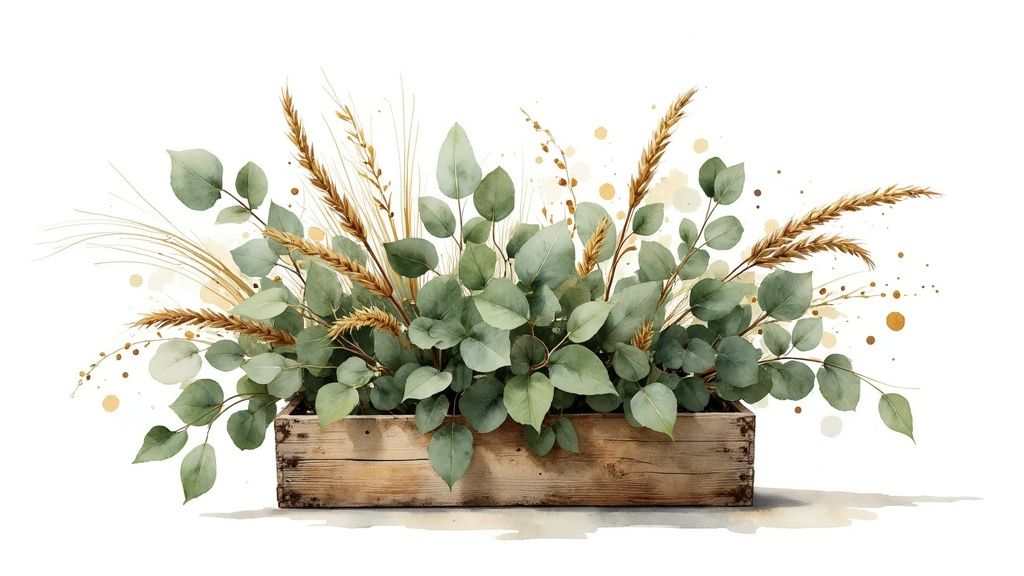 Rustic wooden box filled with eucalyptus leaves, wheat stalks, and dried natural foliage arrangement