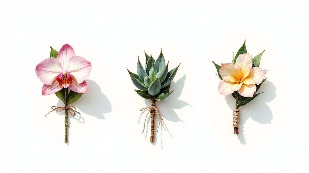 Three distinct floral boutonnieres: a pink orchid, a green succulent, and a peach flower, tied with twine.