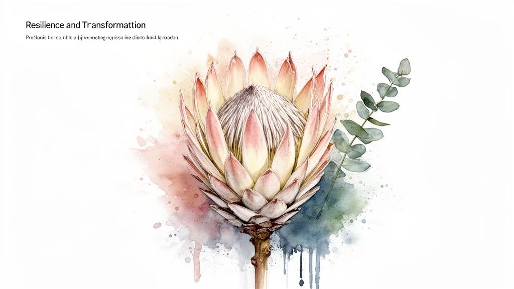 Watercolor protea bloom with eucalyptus and text about transformation.