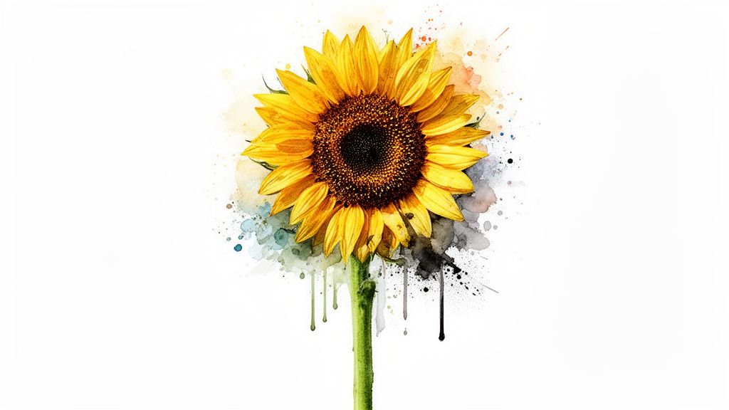 A cheerful watercolor sunflower painting with yellow petals and a dark brown center, surrounded by artistic paint splatters.