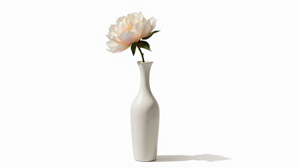 A light pink peony flower in a tall, white ceramic vase, isolated on a clean white background.