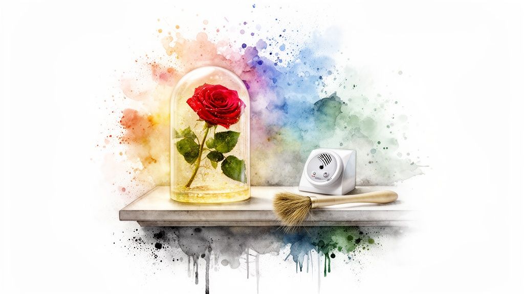 A vibrant red rose preserved under a glass dome on a white shelf with watercolor splashes.