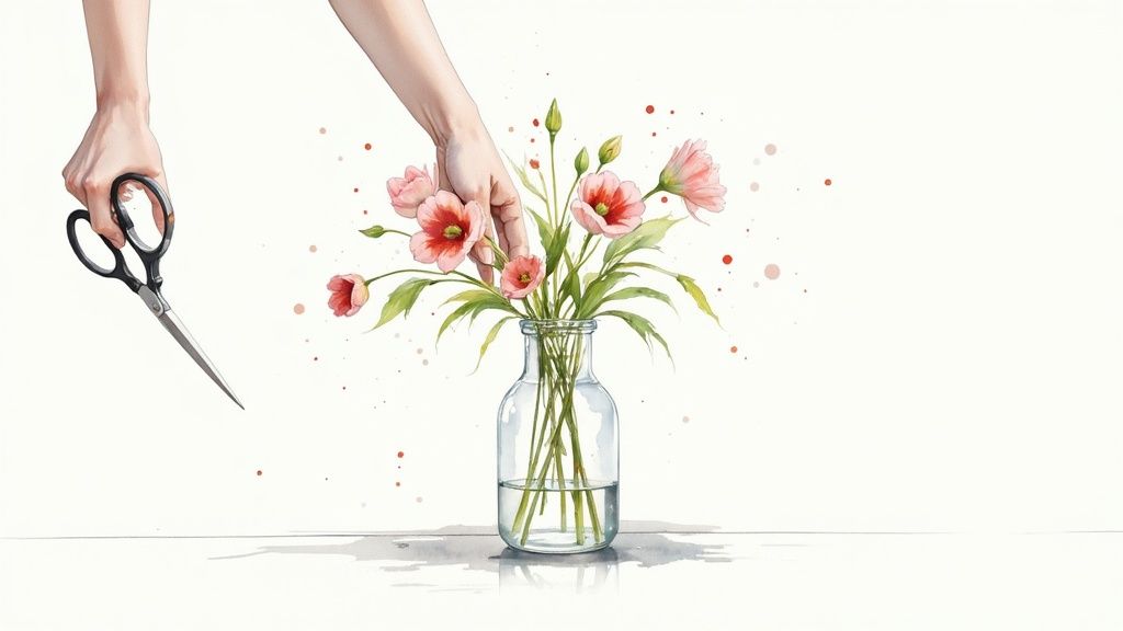 Woman trimming flower stems over a kitchen sink to prepare them for a vase