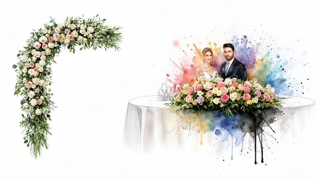 Elegant wedding floral arch on the left and a watercolor illustration of a wedding couple with a floral centerpiece on a table on the right.