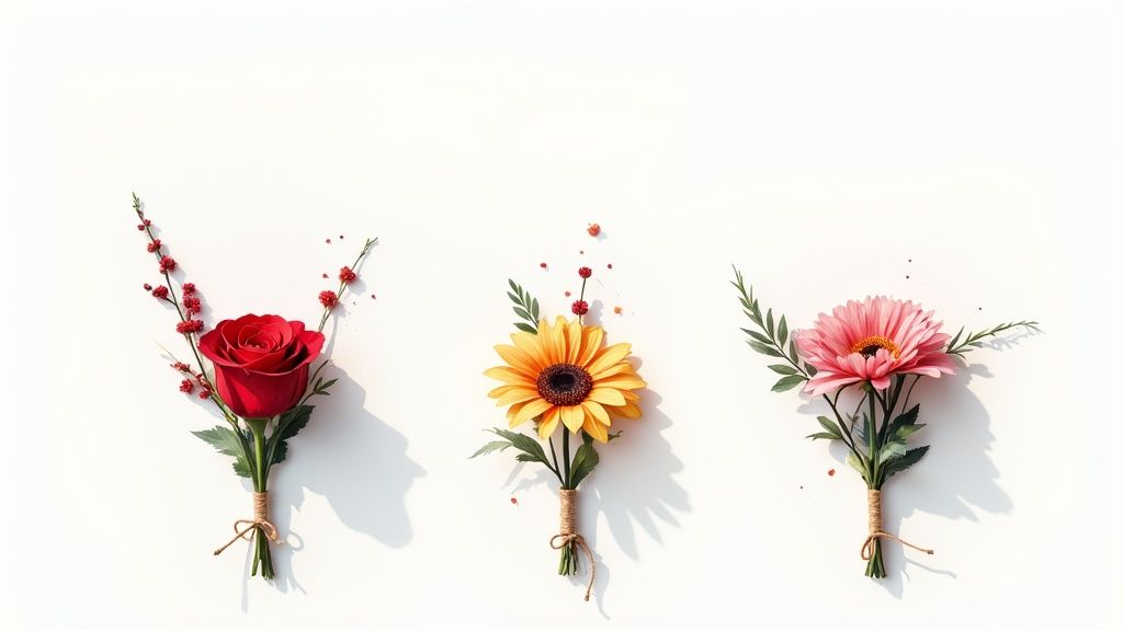 Three charming mini bouquets, featuring a red rose, yellow sunflower, and pink daisy on white.