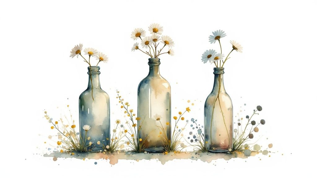Watercolor painting of three glass bottles filled with white daisies and wildflowers.