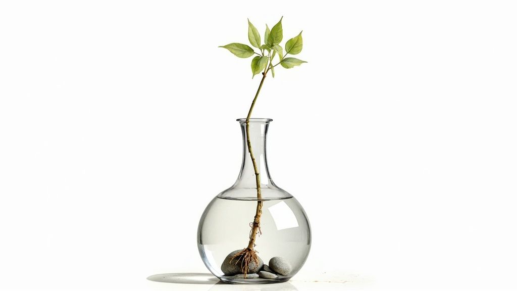 A fresh green plant with visible roots in a clear round glass vase with water and stones.