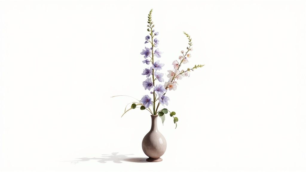 A delicate watercolor painting of purple and pink flowers in a light brown vase on a white background.