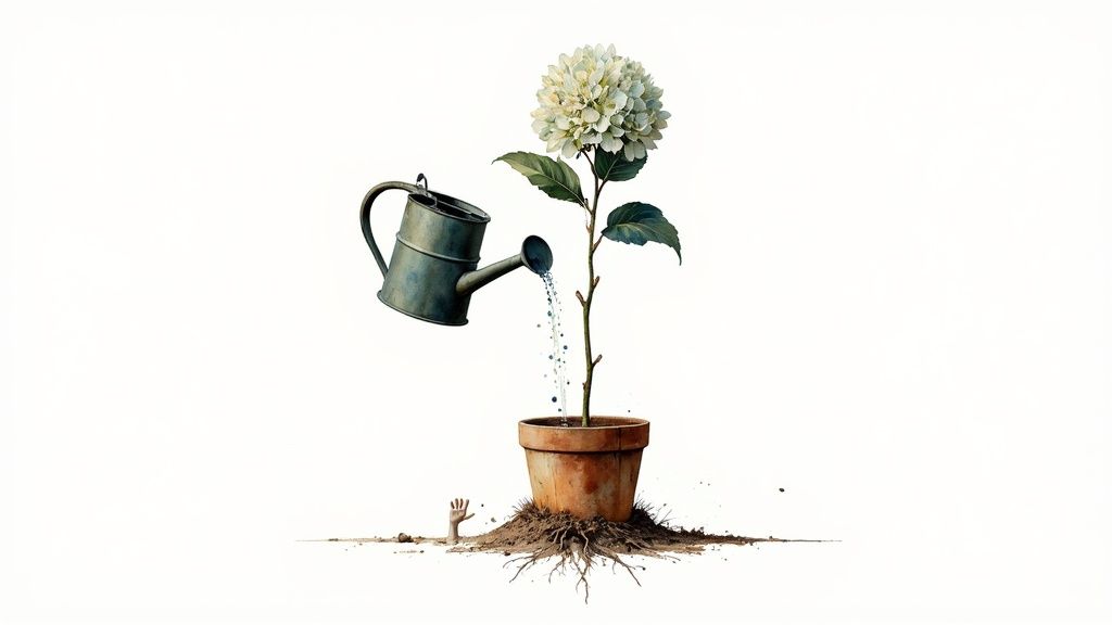 Watering can pouring water onto potted hydrangea plant with exposed roots and white blooms