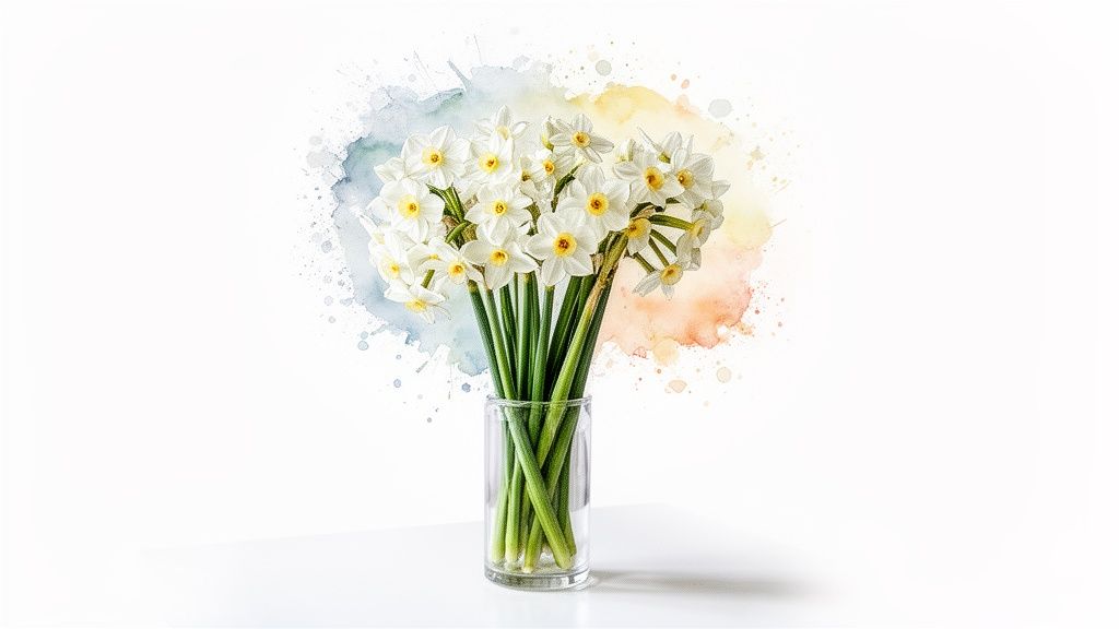 A vibrant bouquet of white daffodils with yellow centers in a clear vase, against colorful watercolor splashes.