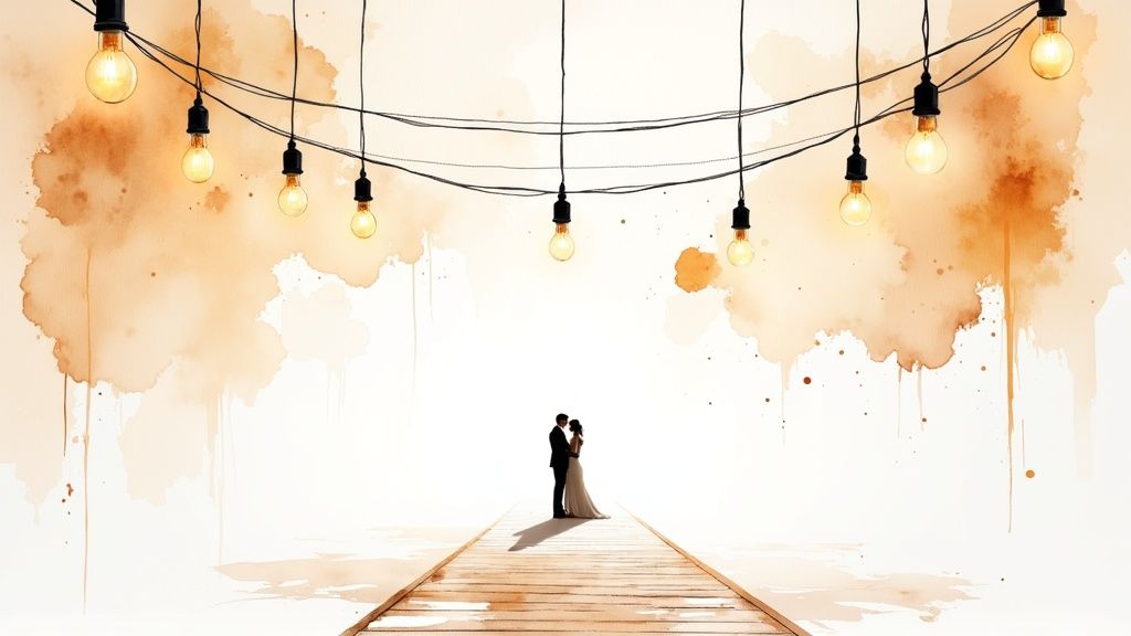 A newlywed couple stands on a wooden path under string lights with warm watercolor background.
