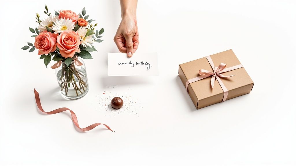 A festive overhead shot of a birthday gift set, including flowers, a box, and a card.