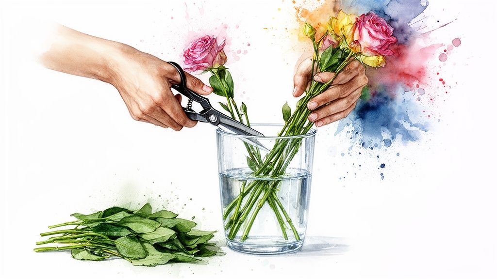 Hands trim rose stems with shears and arrange flowers in a clear glass vase.