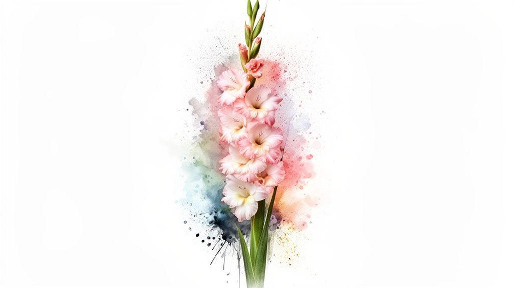 A vibrant watercolor illustration of a pink gladiolus flower stalk with colorful splatters on a white background.