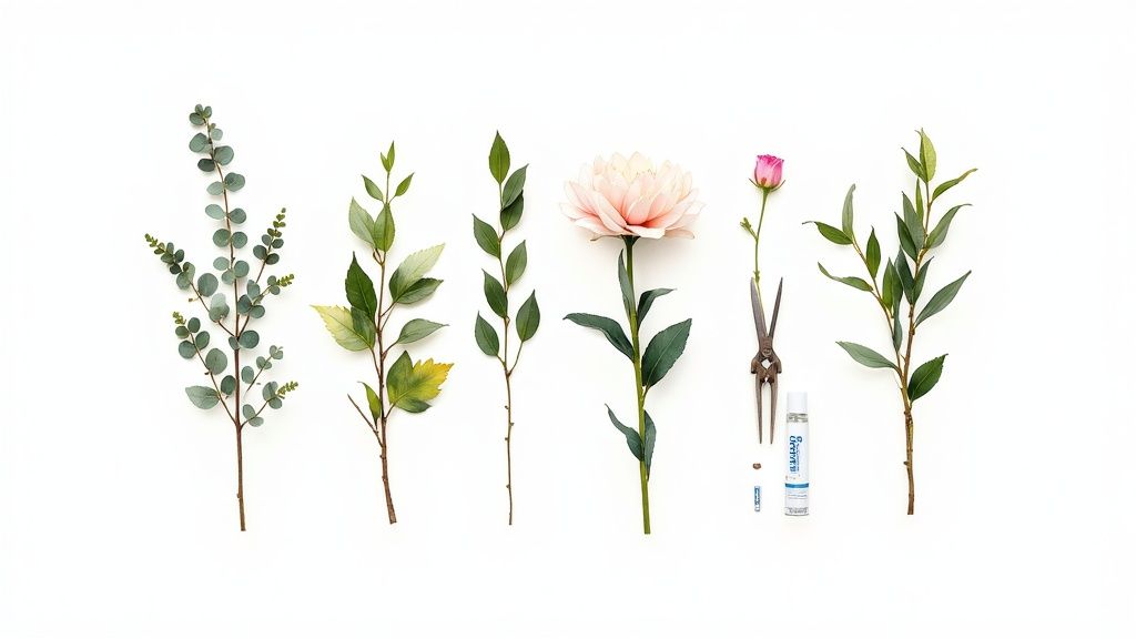 A flat lay of various green branches, a light pink flower, a rosebud, shears, and a spray bottle on white.