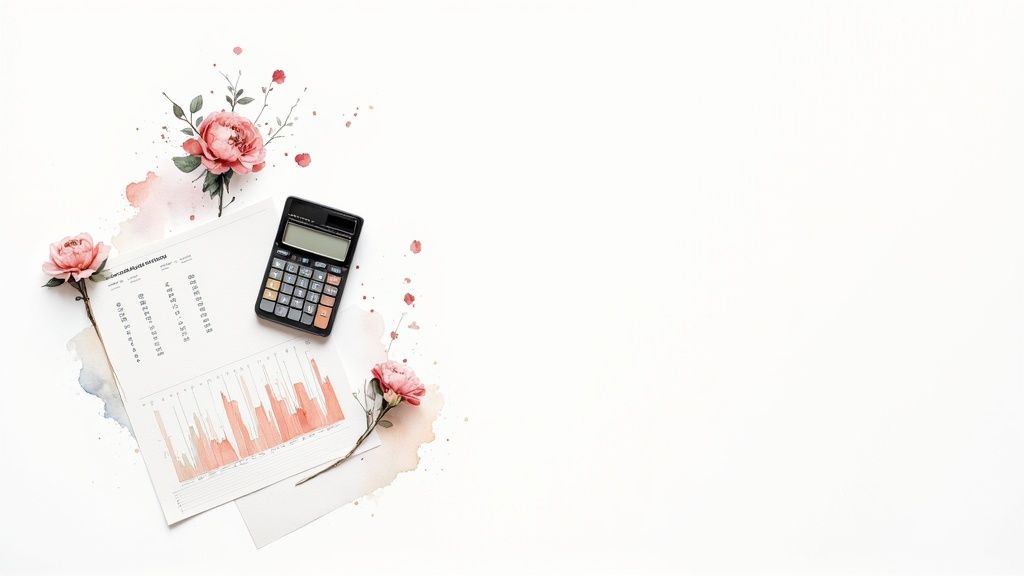 A couple working together on their wedding budget at a desk with a laptop and calculator.