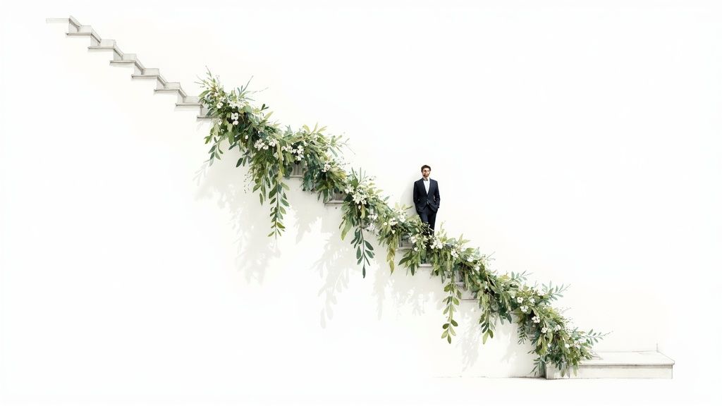 Elegant man in black suit on a white staircase decorated with a beautiful floral garland.
