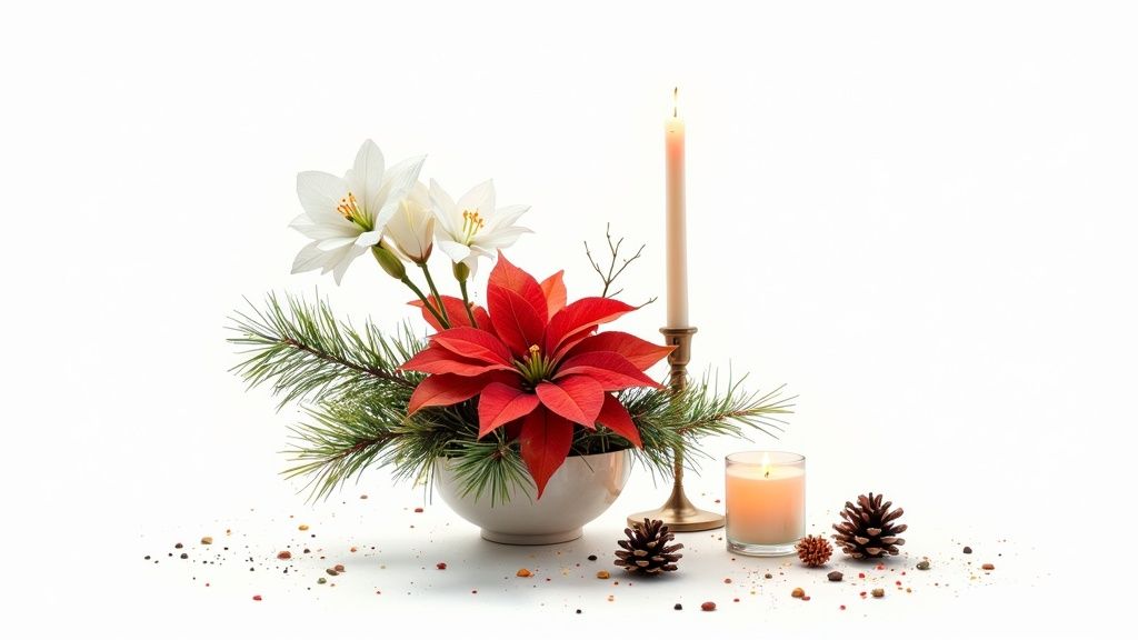 A festive Christmas arrangement featuring red poinsettias, white lilies, pine branches, and candles on a white background.