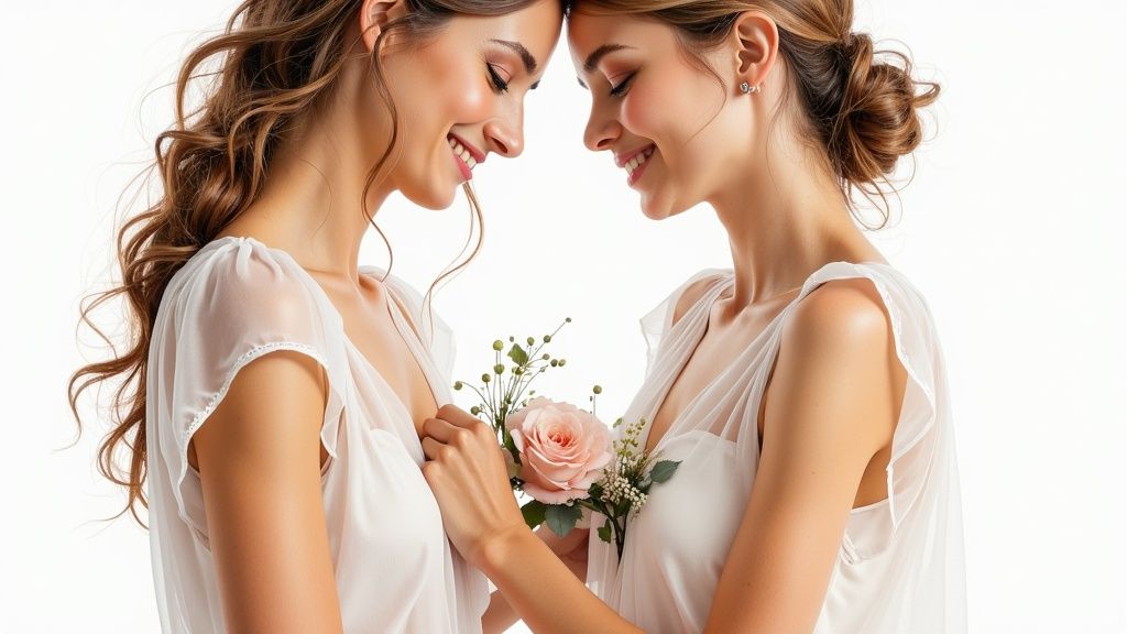 Two beautiful women, possibly brides, smiling with heads touching, holding a pink rose bouquet.