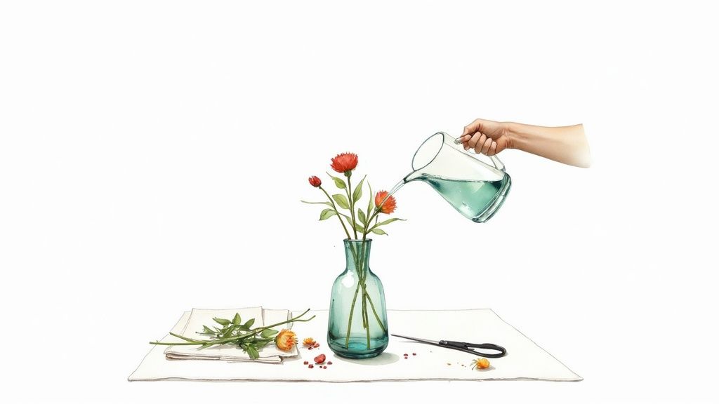 Hand watering fresh red flowers in glass vase with pitcher on white surface