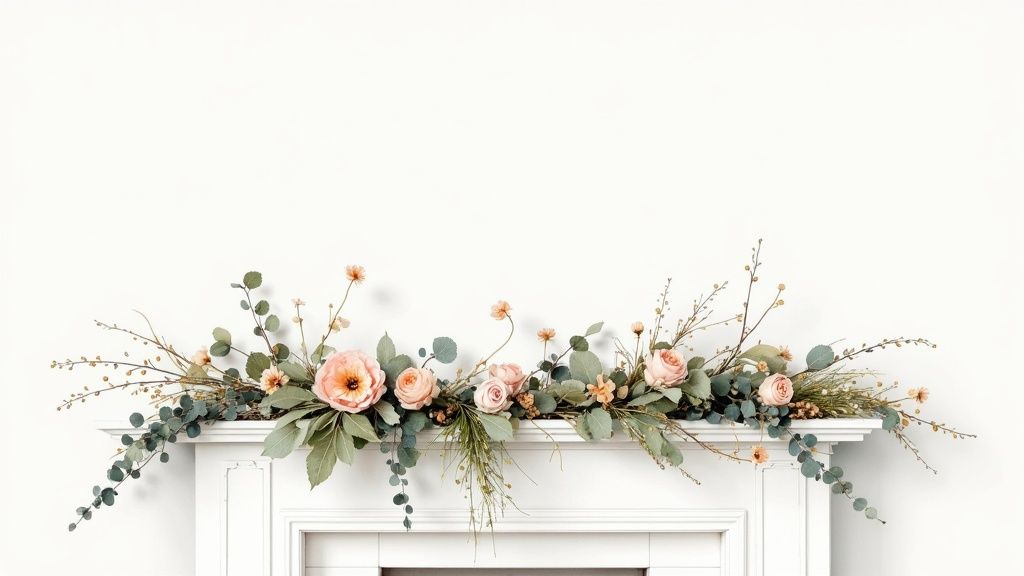A beautiful pink and peach flower garland with eucalyptus and branches adorning a white fireplace mantel.