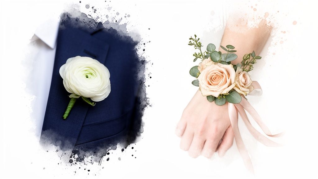 A white ranunculus boutonniere on a dark blue suit jacket and a peach rose corsage on a wrist.