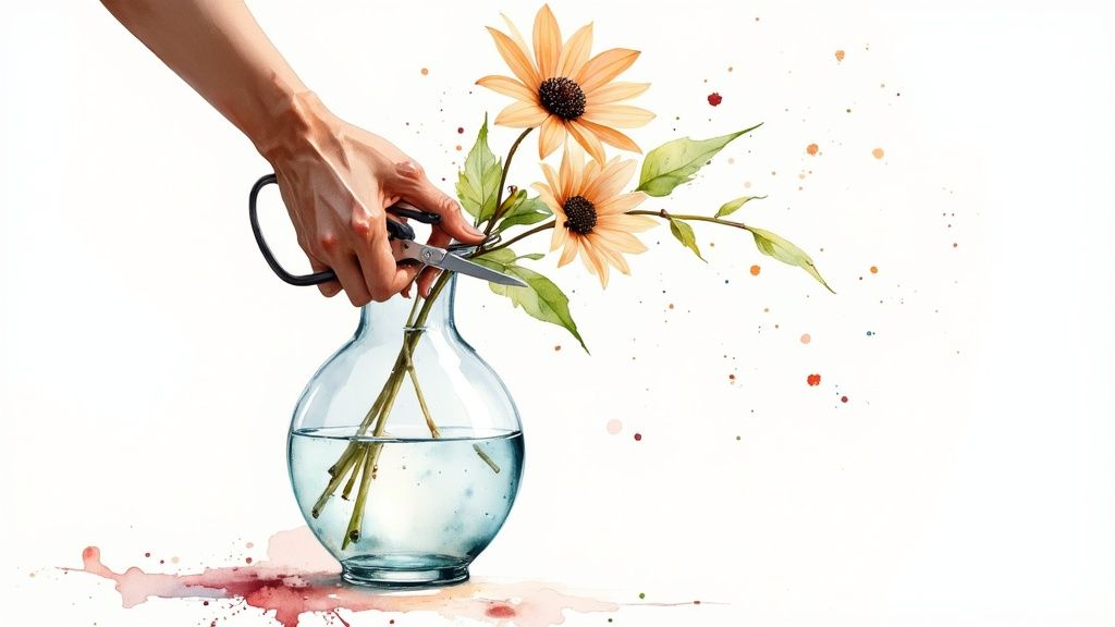 A close-up shot of someone trimming the stem of a flower before placing it in a vase of fresh water.