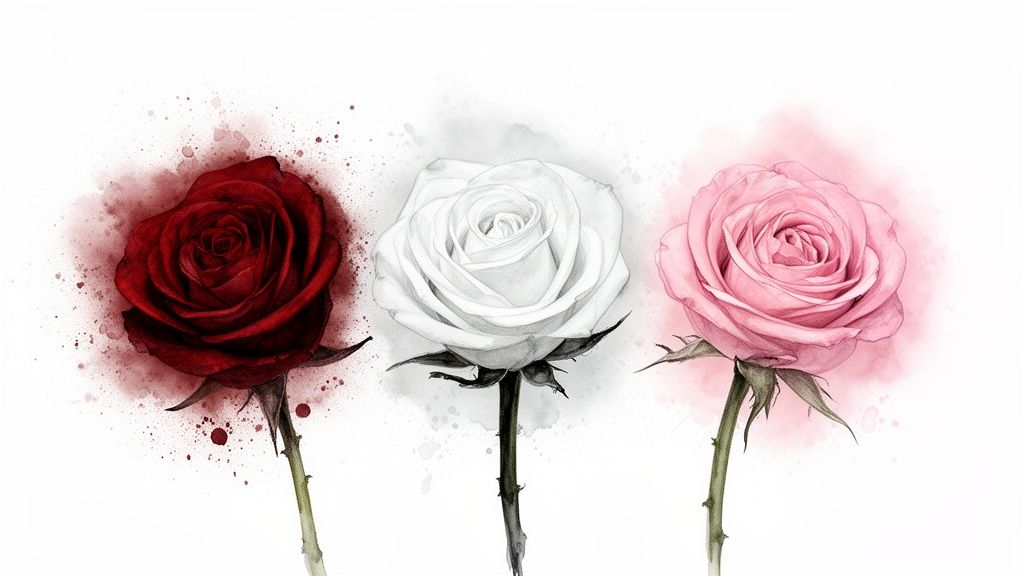 Watercolor illustration of three distinct roses: vibrant red, pristine white, and soft pink, with artistic splash effects.