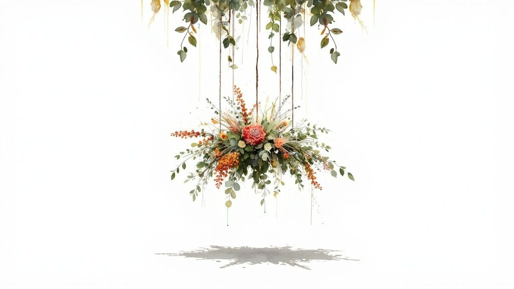 A watercolor illustration of a beautiful hanging floral centerpiece with green leaves and vibrant flowers.