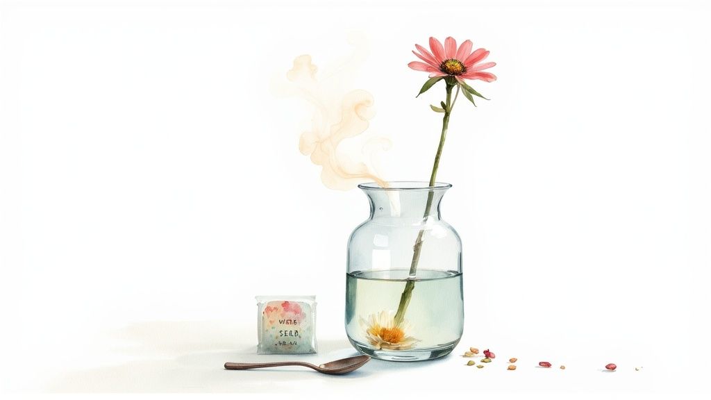 A clear vase showing flower stems submerged in water