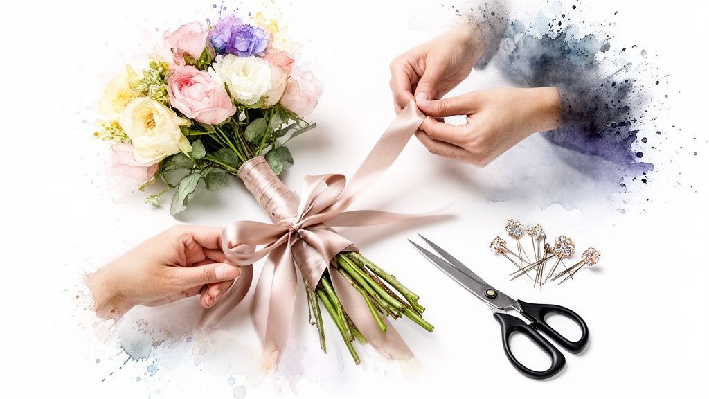 Hands tying a pink ribbon around a vibrant watercolor bouquet with flowers, scissors, and pins.