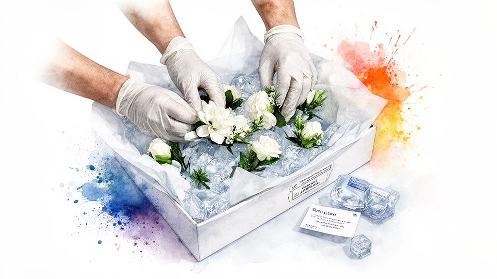 Gloved hands carefully arrange white corsages and boutonnieres on ice in a box, with watercolor splashes.