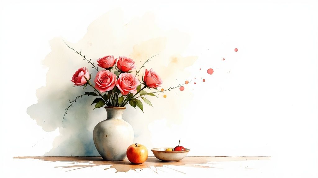 Watercolor painting of pink roses in white vase with apples and bowl on table