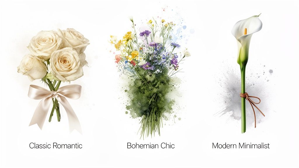 Three distinct floral arrangements: classic romantic roses, bohemian chic wildflowers, and a modern minimalist calla lily.