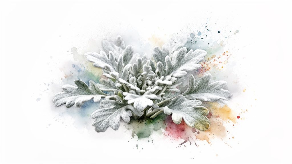 A watercolor illustration of a dusty miller plant with silvery-white, fuzzy leaves and colorful splatters.