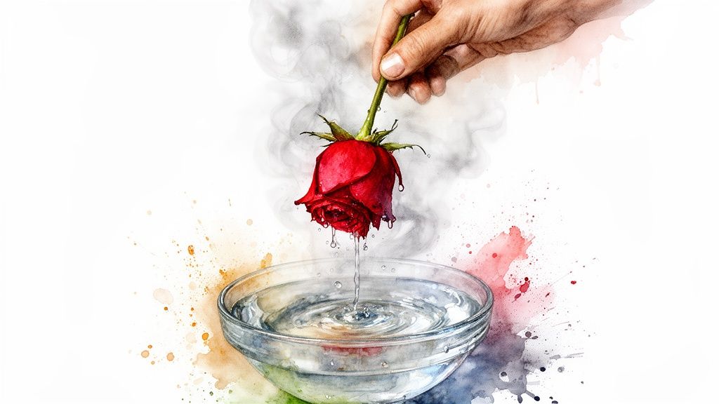 Watercolor art of a hand dipping a red rose into a water bowl, creating ripples and splashes, with smoky background.