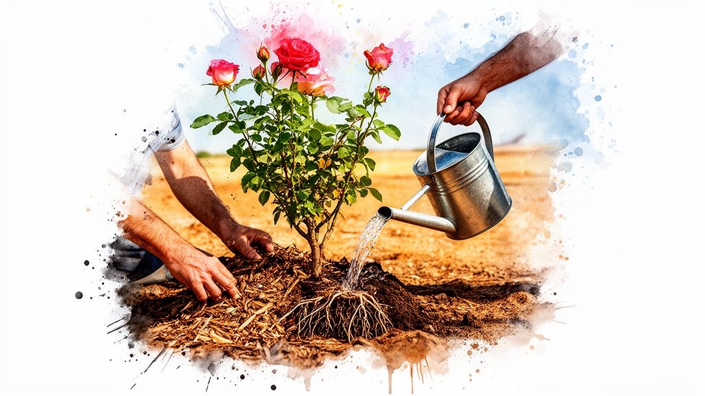 Hands carefully planting and watering a vibrant rose bush with blooming flowers.