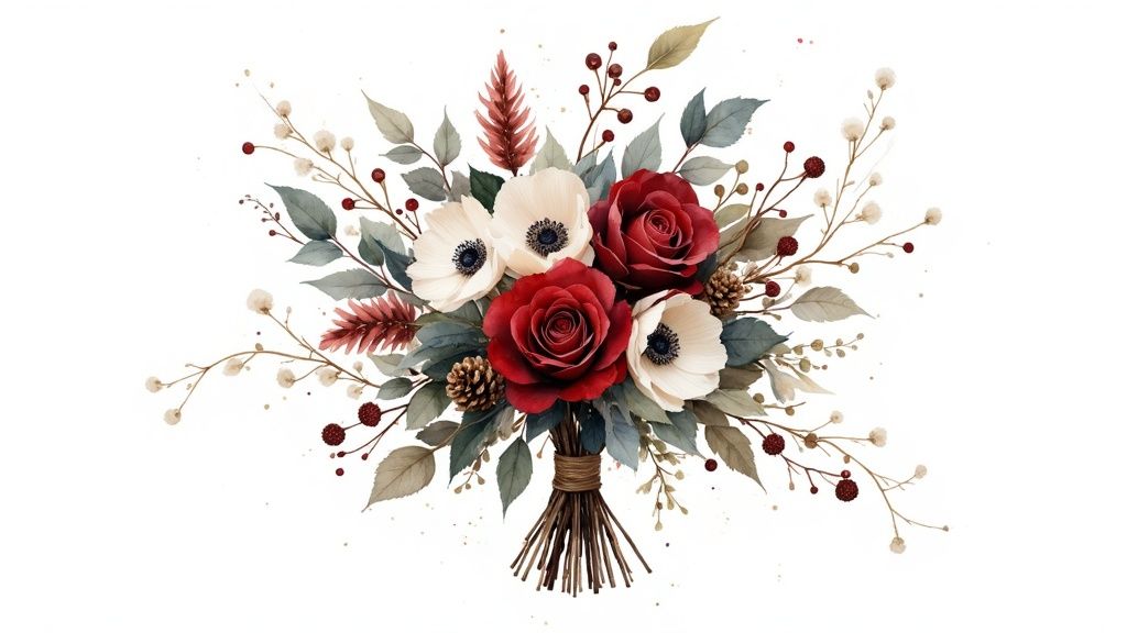 A close-up of a winter wedding bouquet featuring white roses, pine cones, and dusty miller against a snowy backdrop.