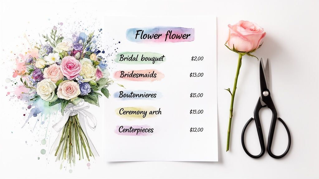 Wedding flower price list with watercolor bouquet, single pink rose, and florist scissors.