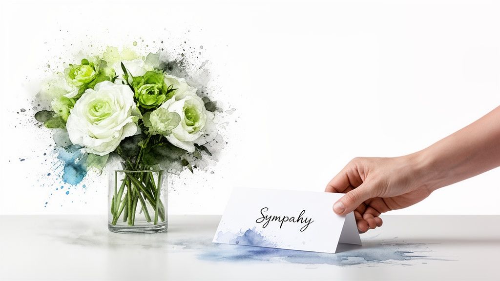 A hand places a sympathy card next to a watercolor bouquet of white and green roses.