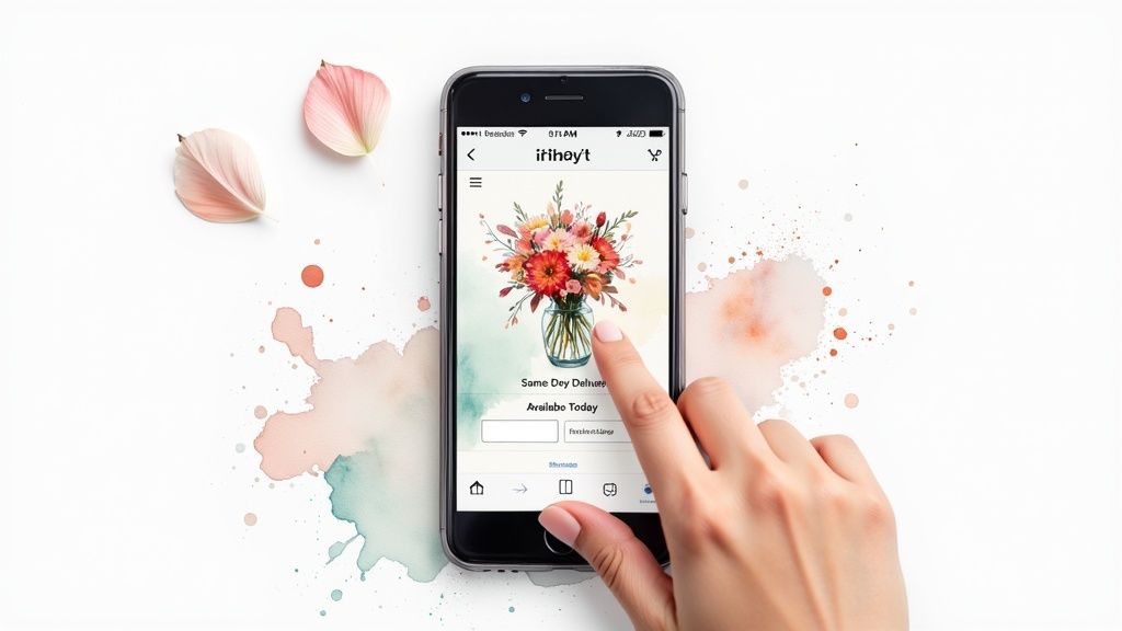 A hand interacts with a smartphone displaying an online flower delivery website with a colorful bouquet.