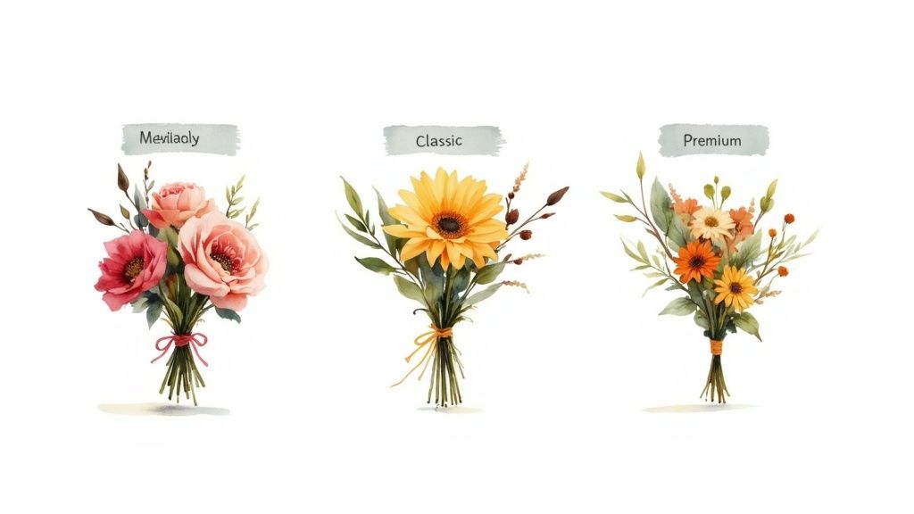 Three watercolor bouquets of flowers: pink roses, a yellow daisy, and a mix of orange and yellow daisies.