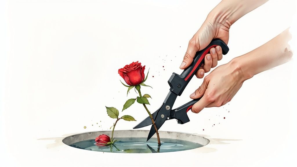 Hands using garden scissors to cut fresh red rose stem for vase arrangement