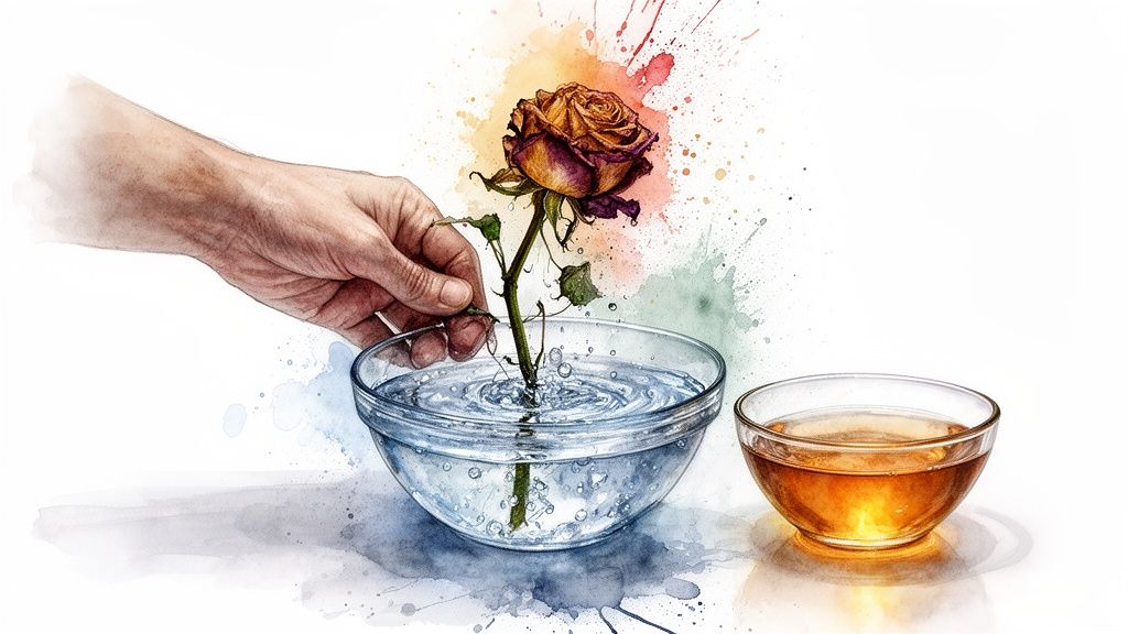 A hand carefully placing a fading rose into a bowl of water, next to a bowl of golden liquid.